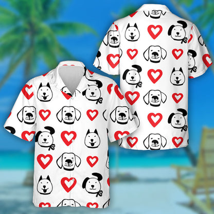 Ink Hand Drawn Hearts And Funny Dog Faces Hawaiian Shirt, Hawaiian Shirt Gift, Christmas Gift