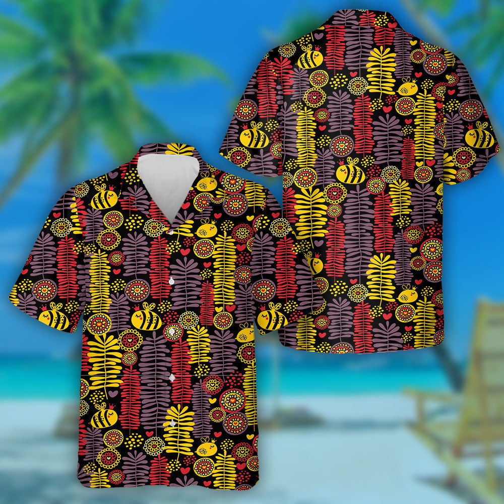 Natural Summer Cartoon Floral And Bee In Crown Hawaiian Shirt, Hawaiian Shirt Gift, Christmas Gift