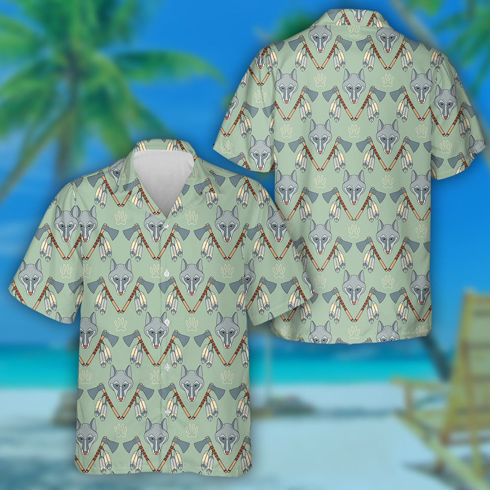 Native American With Wolf And Axes Hawaiian Shirt,Hawaiian Shirt Gift, Christmas Gift