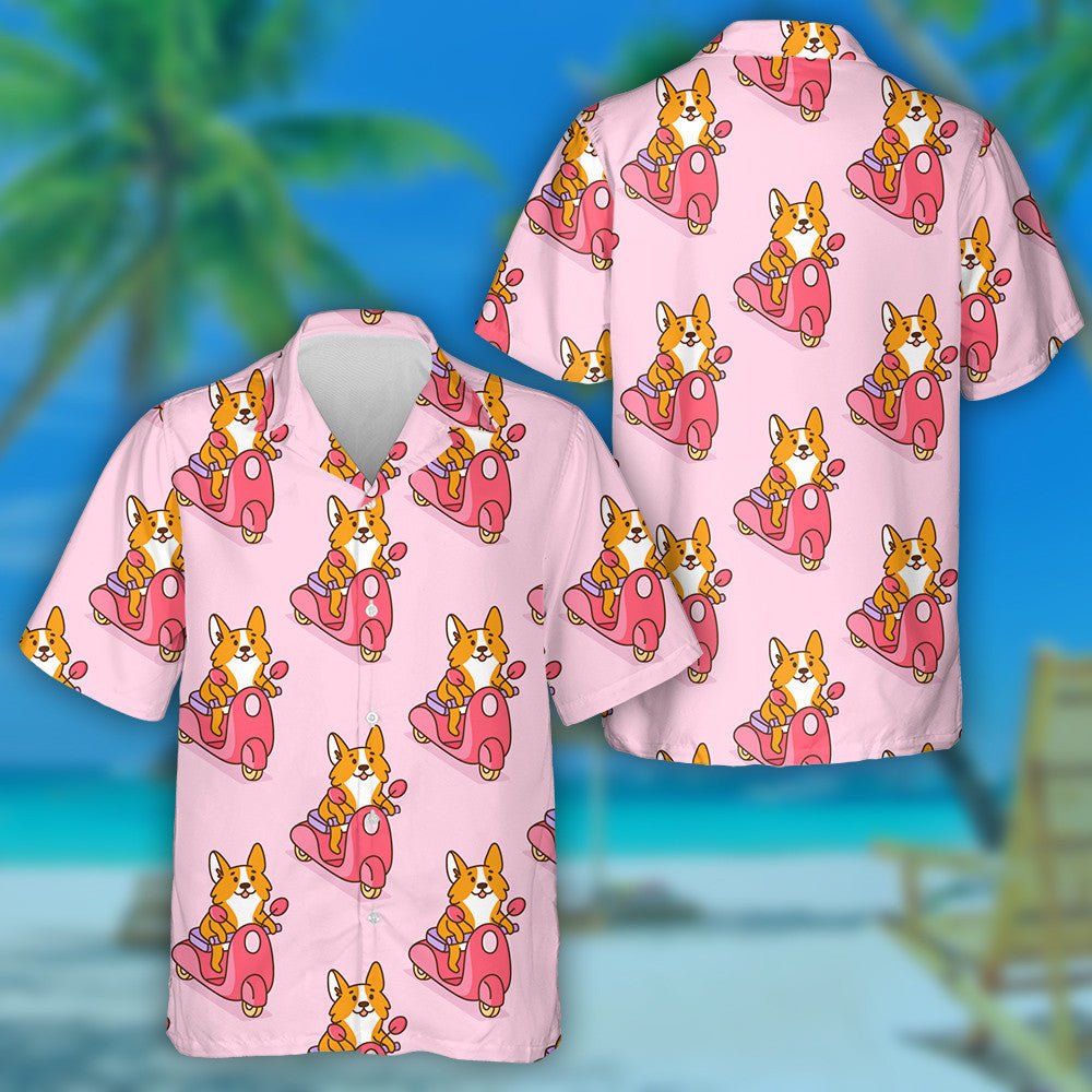 Cute Corgi Dog Rides On A Pink Motobike Hawaiian Shirt, Hawaiian Shirt Gift, Christmas Gift