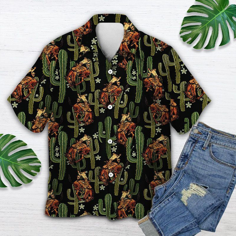 Vintage Style Cowboy Cactus On Black Background Pattern Hawaiian Shirt, Hawaiian Shirt Gift, Christmas Gift