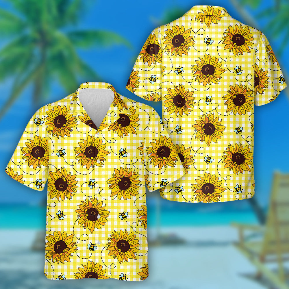 Cute Flying Bees And Sunflowers On Yellow Checkered Background Hawaiian Shirt, Hawaiian Shirt Gift, Christmas Gift