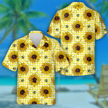 Cute Flying Bees And Sunflowers On Yellow Checkered Background Hawaiian Shirt, Hawaiian Shirt Gift, Christmas Gift