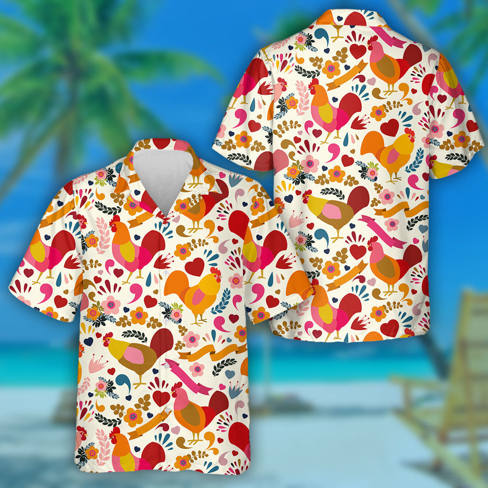 Colorful Chicken With Heast And Tropical Plants Hawaiian Shirt, Hawaiian Shirt Gift, Christmas Gift