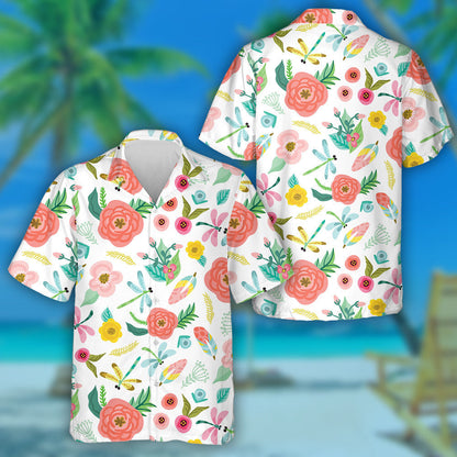 Bright Flying Dragonfly Flowers And Leaves Hawaiian Shirt, Hawaiian For Gift