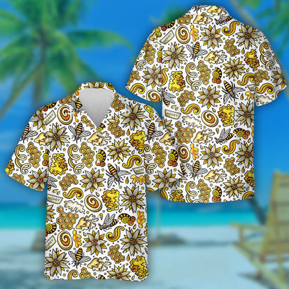 Natural Summer Bright Colors Bees And Hexagon Hawaiian Shirt, Hawaiian Shirt Gift, Christmas Gift