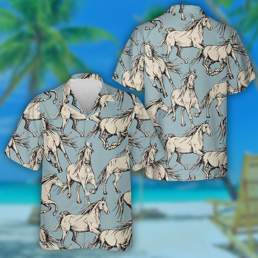 The Running Beautiful Beige Horses On A Blue Background Hawaiian Shirt, Hawaiian Shirt Gift, Christmas Gift