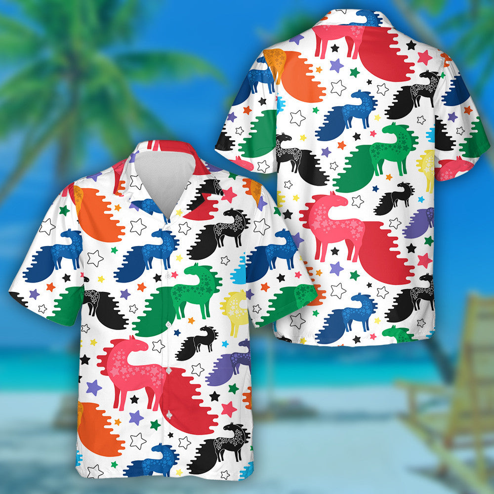 Rainbow Colors And Black Horses With Asymmetric Disproportion Tales Hawaiian Shirt, Hawaiian Shirt Gift, Christmas Gift