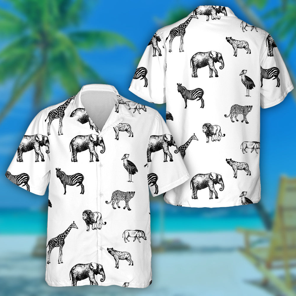 Sketch Style Wild Animals White Background Pattern Hawaiian Shirt, Hawaiian Shirt Gift, Christmas Gift