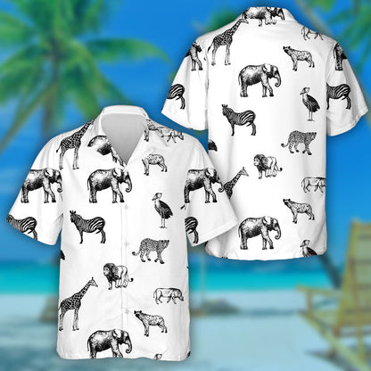 Sketch Style Wild Animals White Background Pattern Hawaiian Shirt, Hawaiian Shirt Gift, Christmas Gift