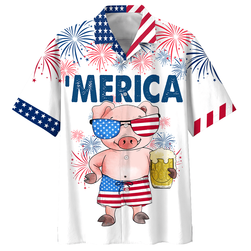 Cute Merica Pink Pig Design Hawaiian Shirt,Hawaiian Shirt Gift, Christmas Gift