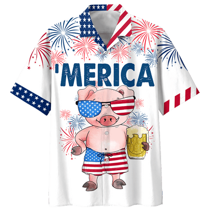 Cute Merica Pink Pig Design Hawaiian Shirt,Hawaiian Shirt Gift, Christmas Gift