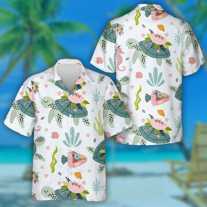 Colorful Turtle And Sea Life Illustrations Hawaiian Shirt,Hawaiian Shirt Gift, Christmas Gift