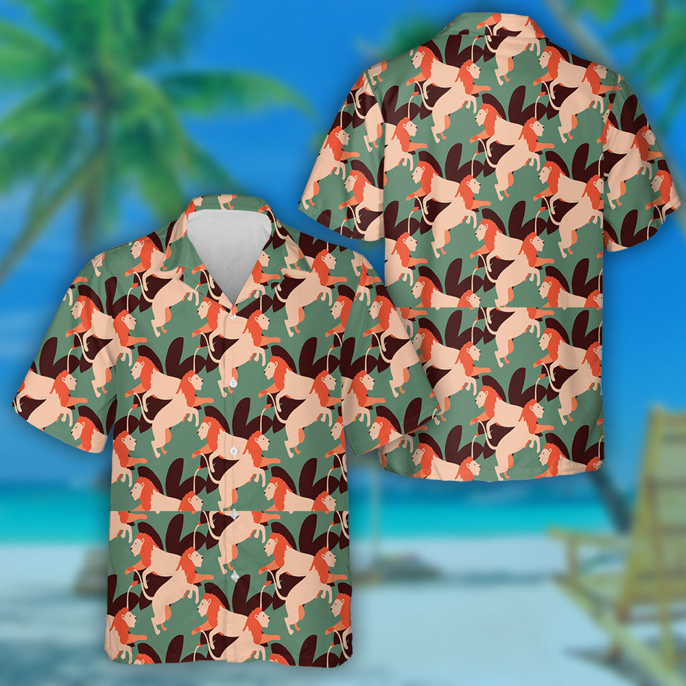 Orange Lion Running On Green Background Hawaiian Shirt,Hawaiian Shirt Gift, Christmas Gift