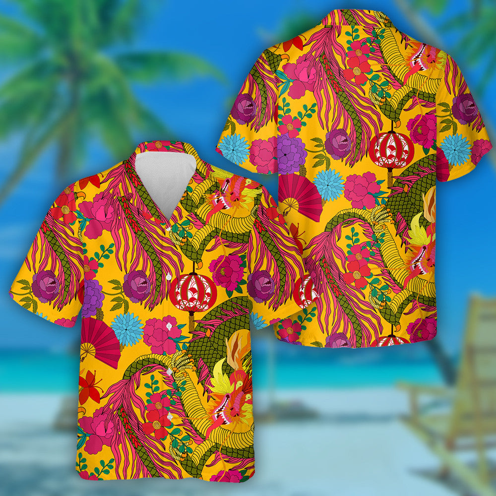 Hand Drawn Chinese Art Dragon Lantern And Flowers Hawaiian Shirt, Hawaiian Shirt Gift, Christmas Gift