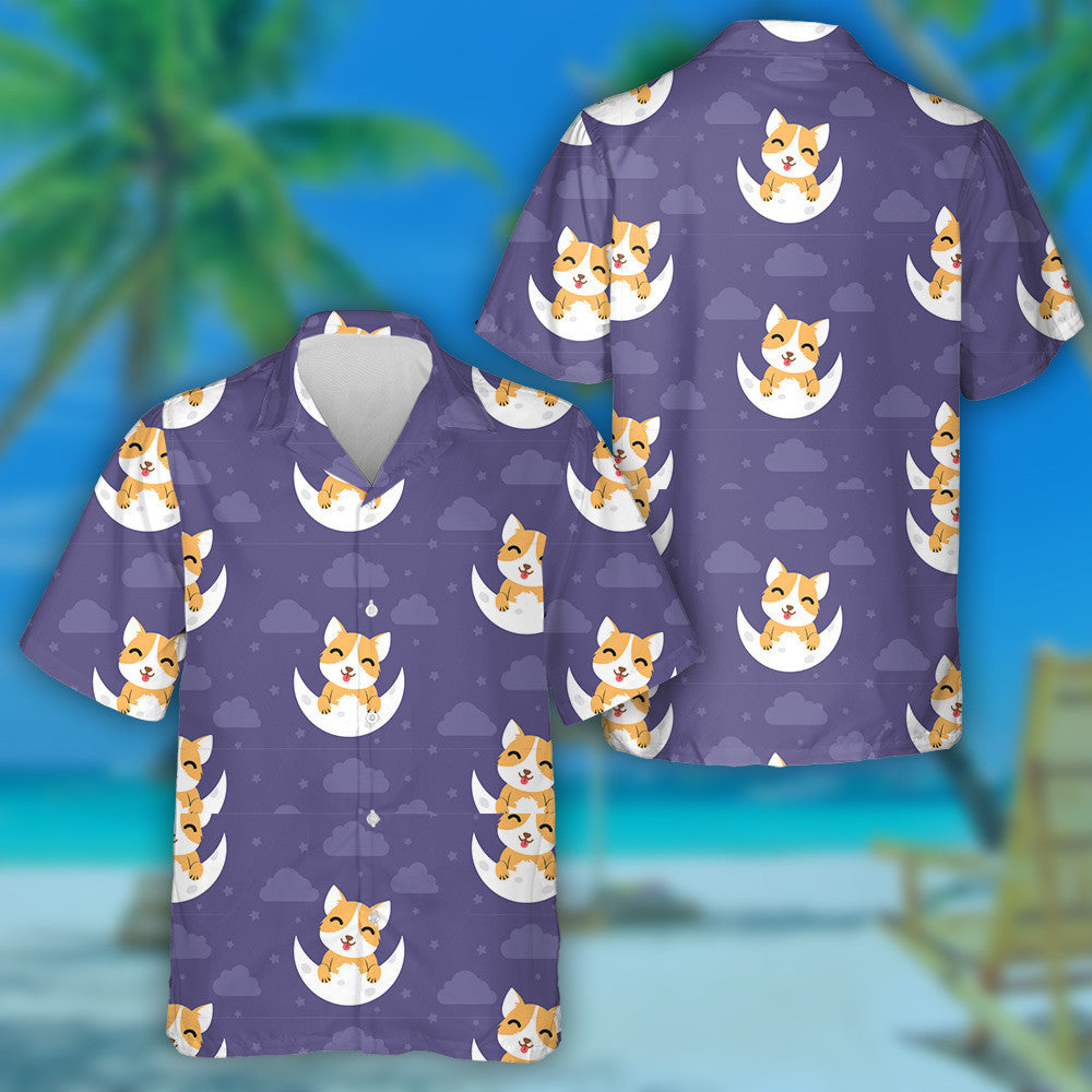 Happy Dog With Moon And Stars In Cartoon Background Hawaiian Shirt, Hawaiian Shirt Gift, Christmas Gift