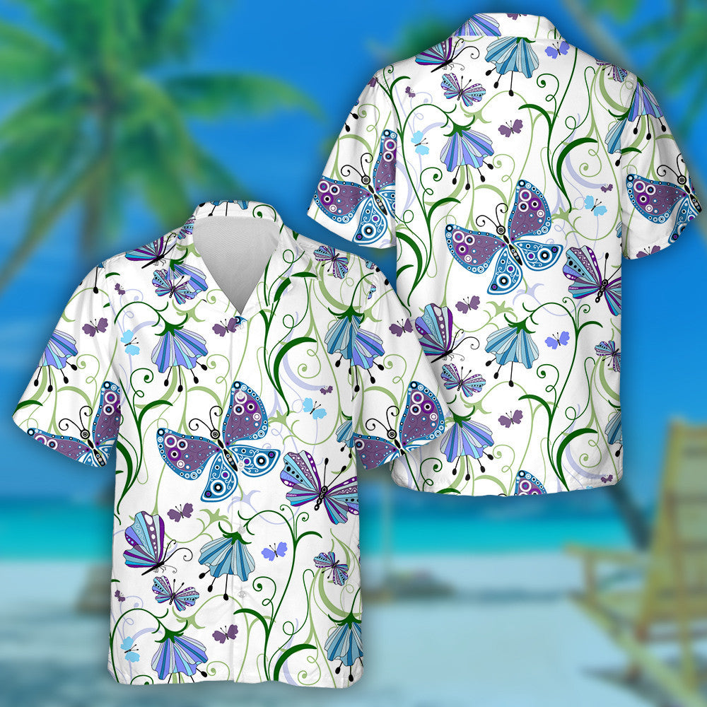 Hand Drawn Blue Violet Flowers And Butterflies Hawaiian Shirt, Hawaiian Shirt Gift, Christmas Gift