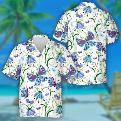 Hand Drawn Blue Violet Flowers And Butterflies Hawaiian Shirt, Hawaiian Shirt Gift, Christmas Gift
