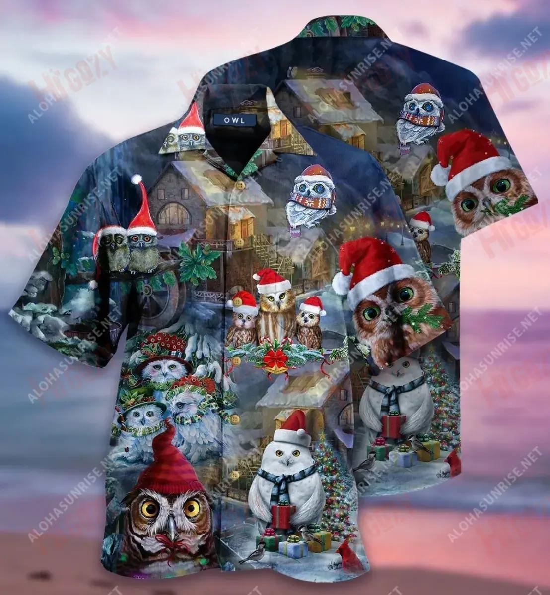 Here Comes The Night Owl Christmas Short Hawaiian Shirt Vacation Hawaiian T Shirts Custom Hawaiian Shirts Hawaiian Shirt Pattern, Hawaiian Shirt Gift, Christmas Gift