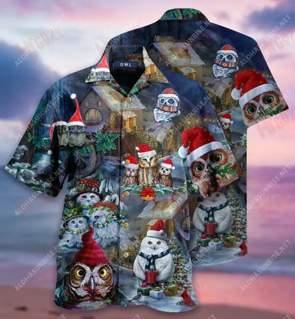 Here Comes The Night Owl Christmas Short Hawaiian Shirt Vacation Hawaiian T Shirts Custom Hawaiian Shirts Hawaiian Shirt Pattern, Hawaiian Shirt Gift, Christmas Gift