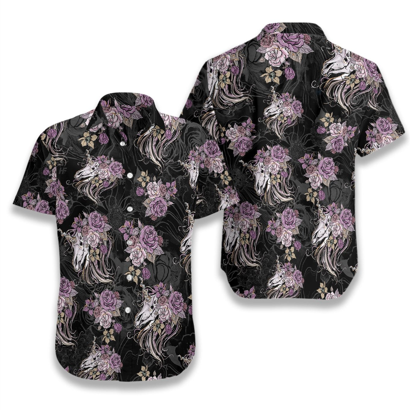 Unicorn Skull Flowers On Black Background Design Hawaiian Shirt, Hawaiian Shirt Gift, Christmas Gift