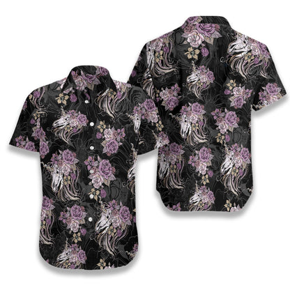 Unicorn Skull Flowers On Black Background Design Hawaiian Shirt, Hawaiian Shirt Gift, Christmas Gift