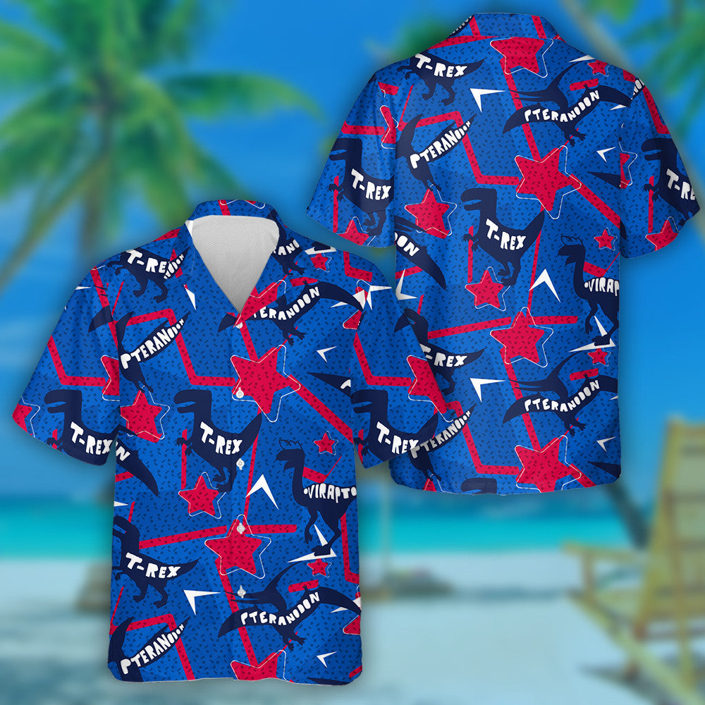 Modern Red And Blue Star Background With Different Dinosaur Hawaiian Shirt, Hawaiian Shirt Gift, Christmas Gift