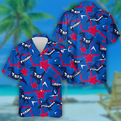 Modern Red And Blue Star Background With Different Dinosaur Hawaiian Shirt, Hawaiian Shirt Gift, Christmas Gift