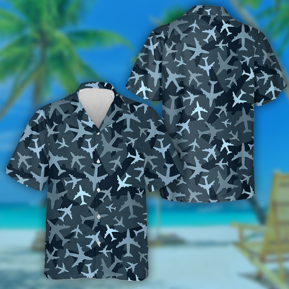 Dark Blue Airplanes Camouflage Military Pattern Hawaiian Shirt,Hawaiian Shirt Gift, Christmas Gift