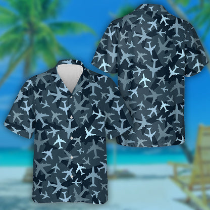 Dark Blue Airplanes Camouflage Military Pattern Hawaiian Shirt,Hawaiian Shirt Gift, Christmas Gift