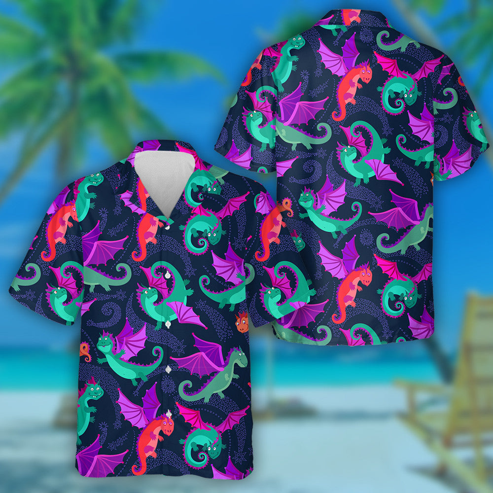 Cartoon Little Flying Dragons On Dark Blue Background Hawaiian Shirt, Hawaiian Shirt Gift, Christmas Gift