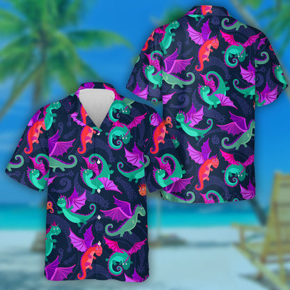 Cartoon Little Flying Dragons On Dark Blue Background Hawaiian Shirt, Hawaiian Shirt Gift, Christmas Gift