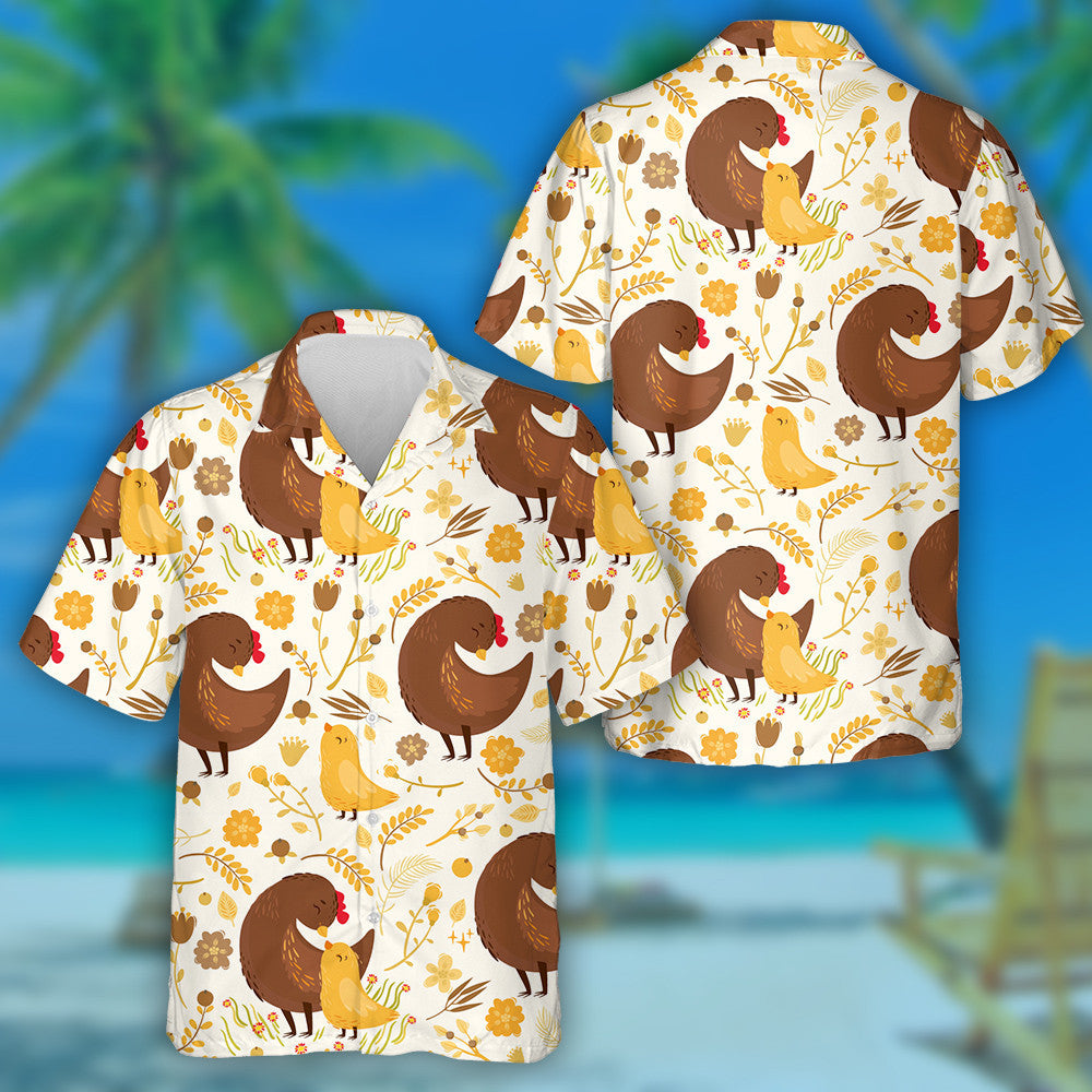 Lovely Hen And Little Chicken With Yellow Plant Hawaiian Shirt, Hawaiian Shirt Gift, Christmas Gift