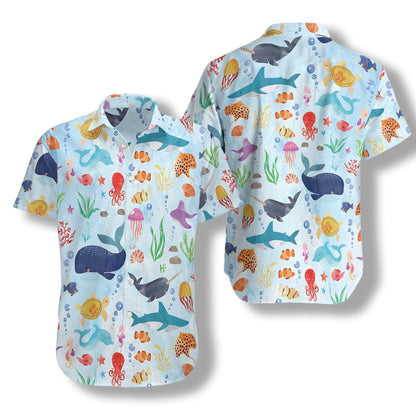 Ocean Fish Pattern In Blue Sea Design Hawaiian Shirt, Hawaiian Shirt Gift, Christmas Gift
