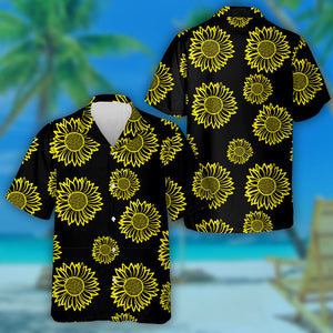 Yellow Outline Sunflowers On Black Backdrop Hawaiian Shirt, Hwaiian For Gift