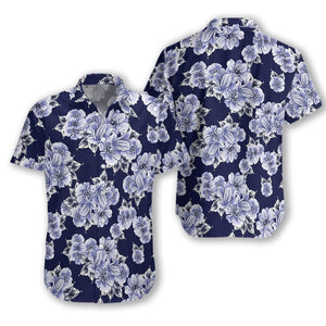 White Floral On Blue Background Design Hawaiian Shirt, Hwaiian For Gift