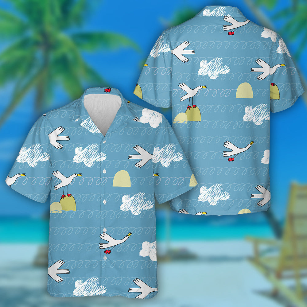 Wild Ducks Waves And Clouds In Cartoon Style Hawaiian Shirt, Hawaiian Shirt Gift, Christmas Gift