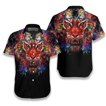 Vibrant Tiger Head Portrait On Black Themed Hawaiian Shirt, Hawaiian Shirt Gift, Christmas Gift