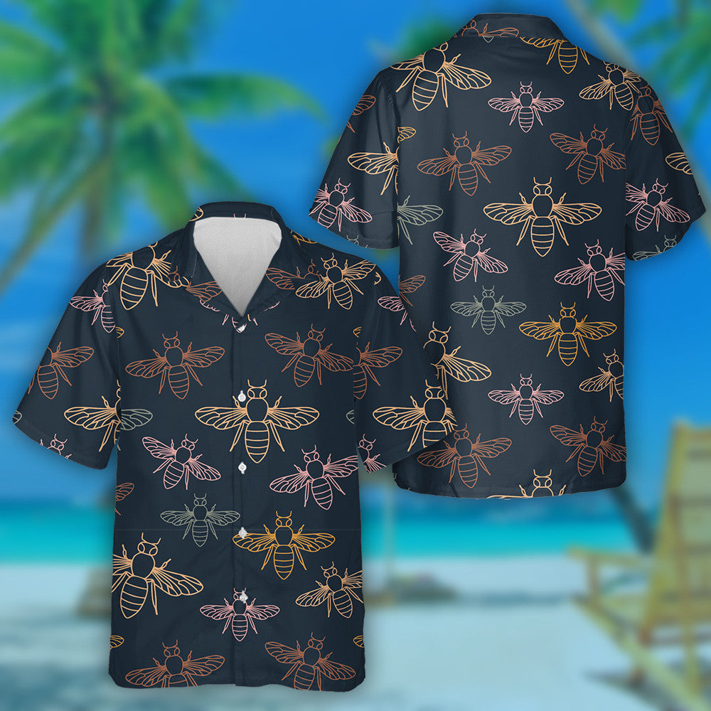 Natural Summer Multicolored Bees On A Dark Background Hawaiian Shirt, Hawaiian Shirt Gift, Christmas Gift