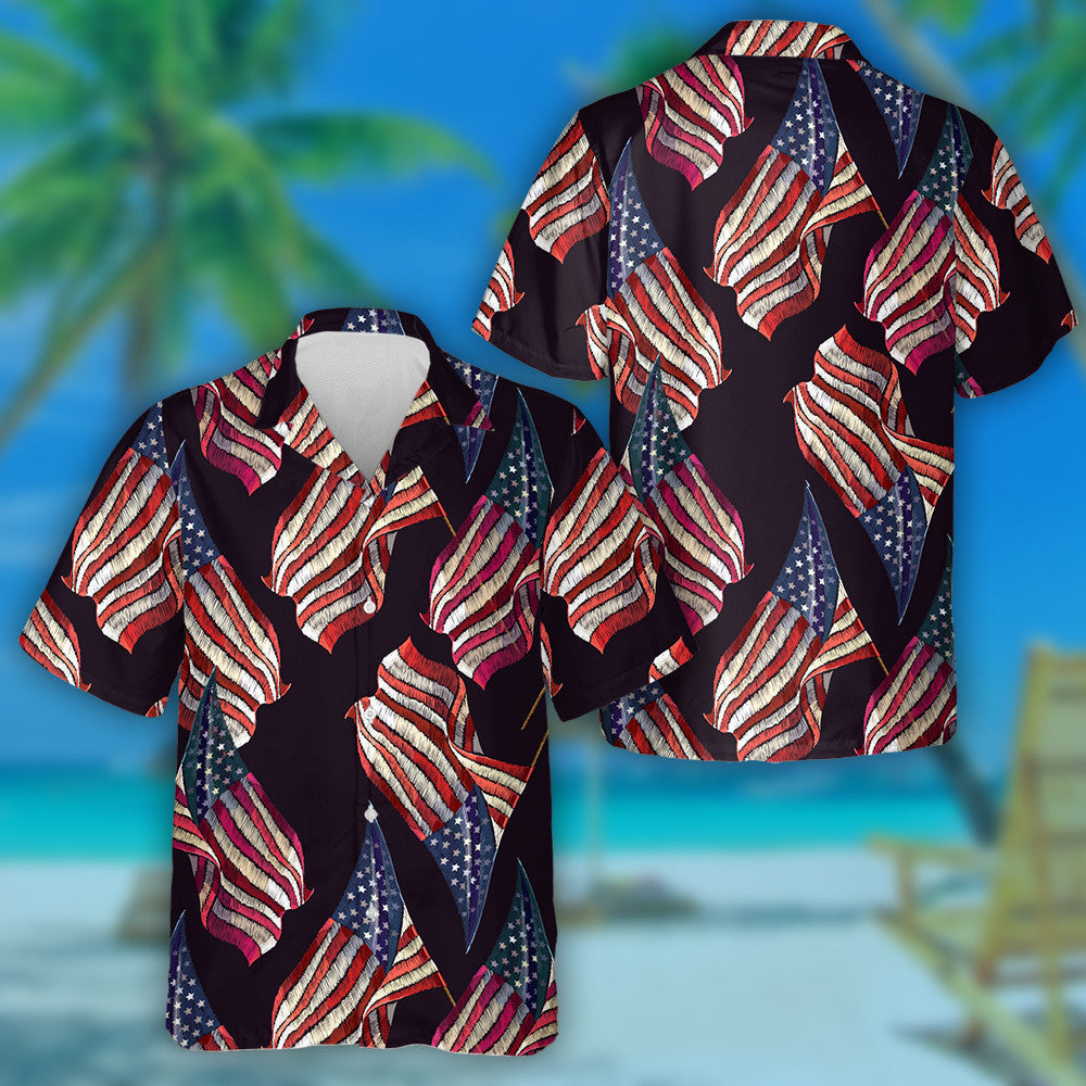 Vintage Embroidery Rippled American Flag Pattern Hawaiian Shirt, Hwaiian For Gift