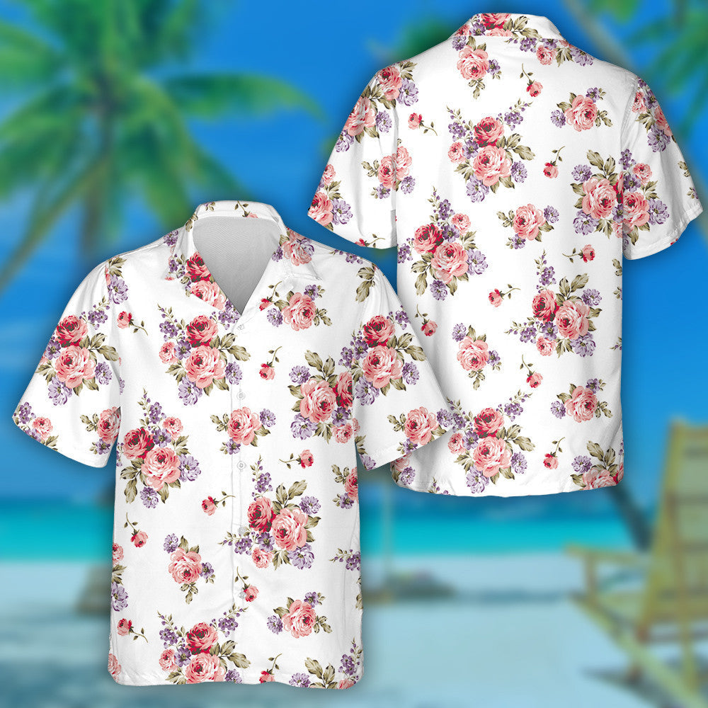 Watercolor Beautiful Pink Rose And Purple Flower Pattern Hawaiian Shirt, Hawaiian Shirt Gift, Christmas Gift