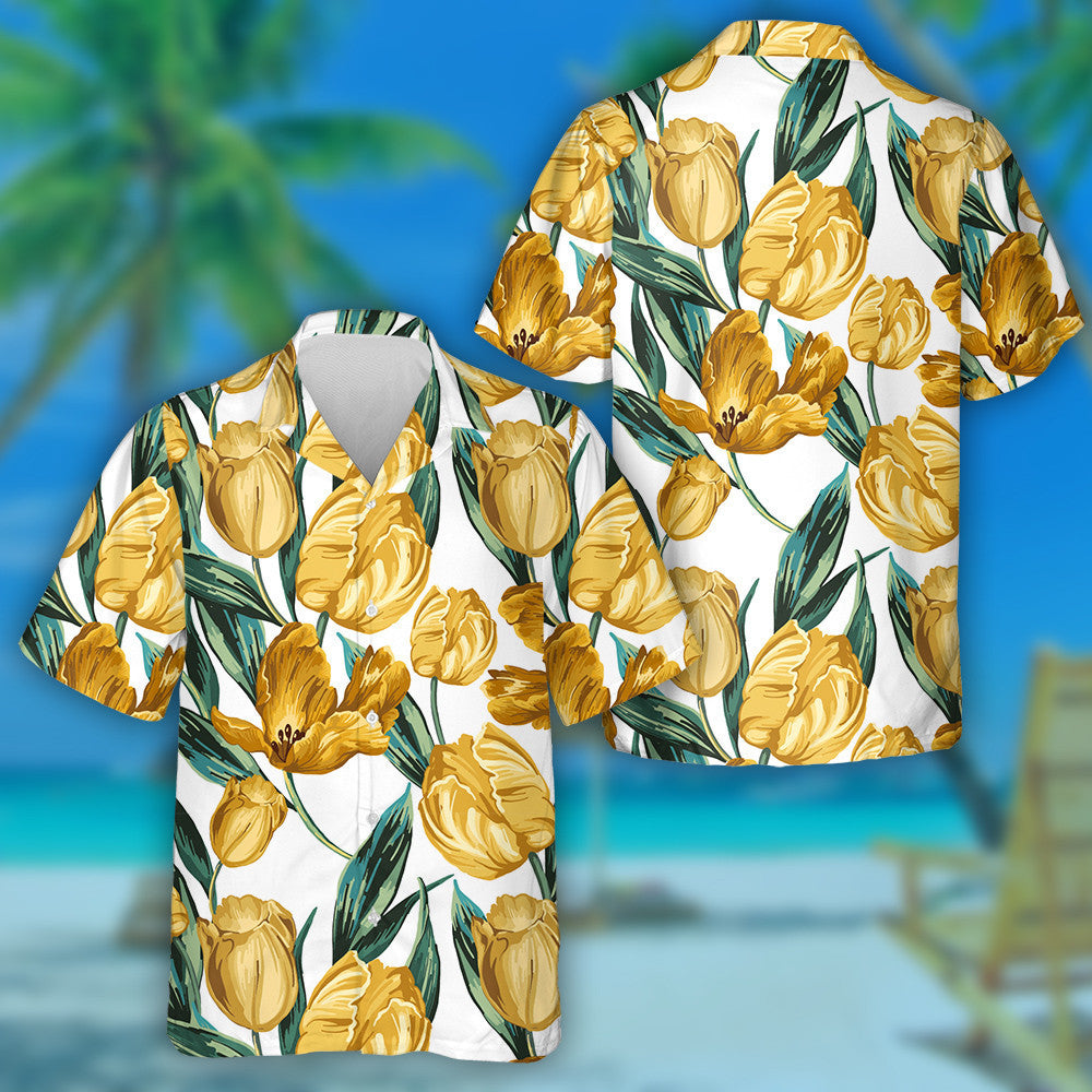 Watercolor Yellow Tulips And Green Leaves Themed Design Hawaiian Shirt, Hawaiian Shirt Gift, Christmas Gift
