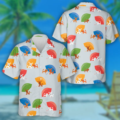 Cartoon Dog Pets Under Umbrellas Isolated Background Hawaiian Shirt, Hawaiian Shirt Gift, Christmas Gift