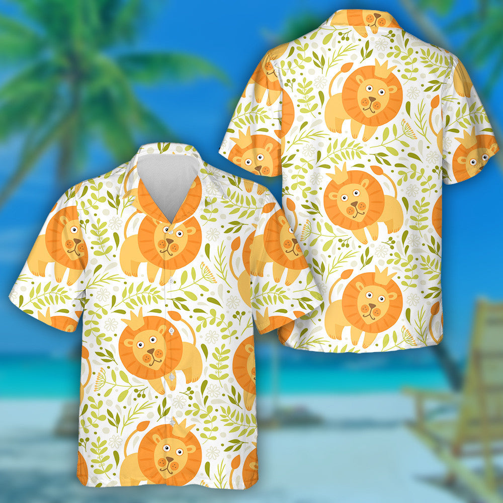 Lovely Lion With Crown And Plants Hawaiian Shirt,Hawaiian Shirt Gift, Christmas Gift