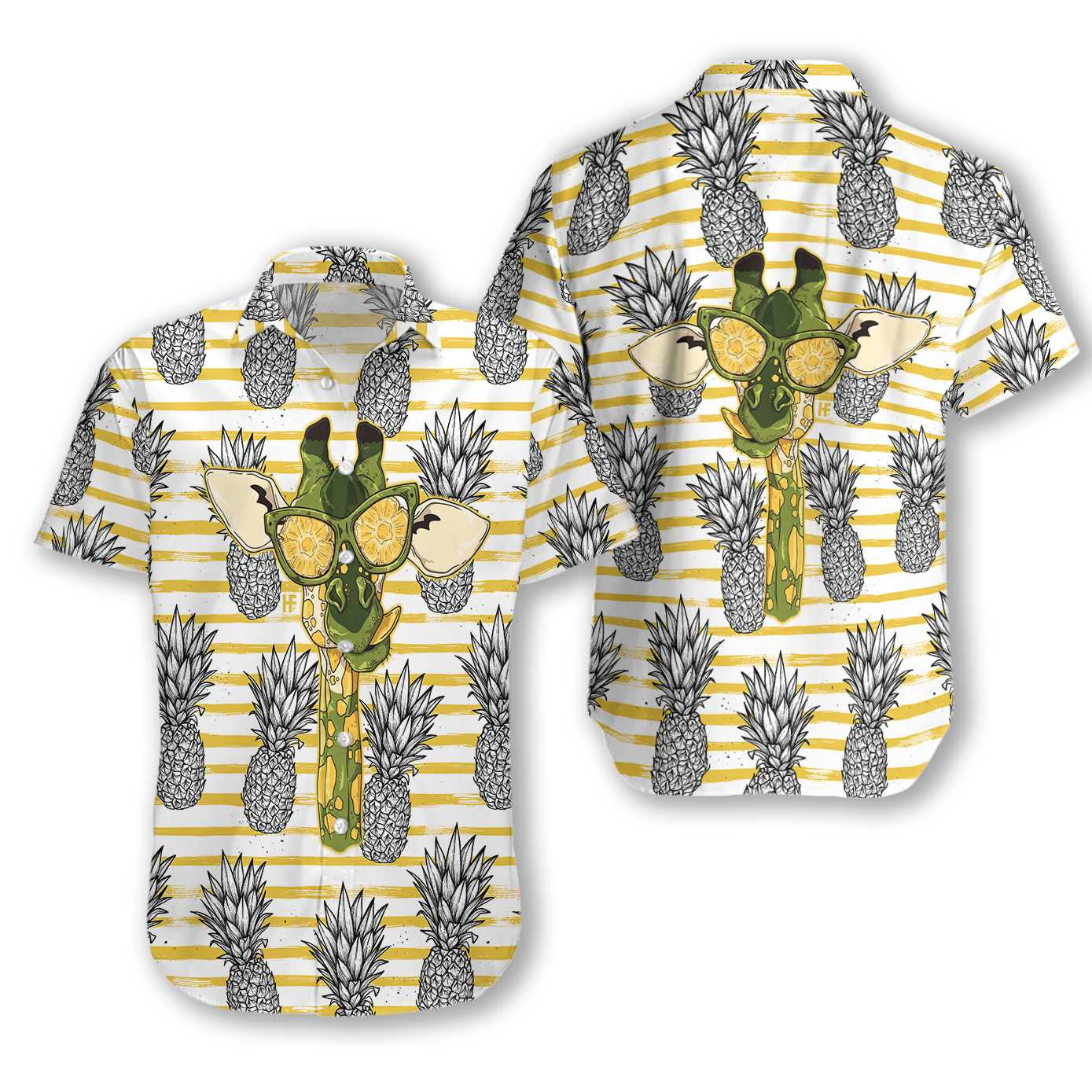 Pineapple And Cute Giraffe Yellow Horizontal Stripe Hawaiian Shirt, Hawaiian Shirt Gift, Christmas Gift