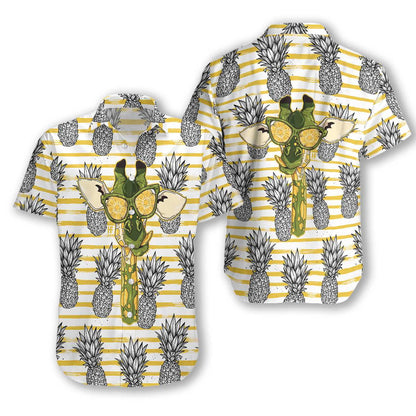 Pineapple And Cute Giraffe Yellow Horizontal Stripe Hawaiian Shirt, Hawaiian Shirt Gift, Christmas Gift
