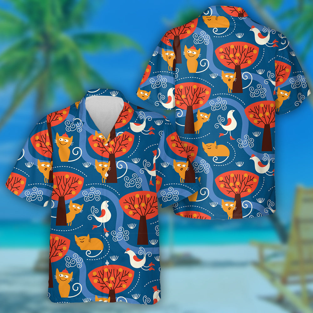Cute Cats And Birds On Orange Forest Hawaiian Shirt, Hawaiian Shirt Gift, Christmas Gift