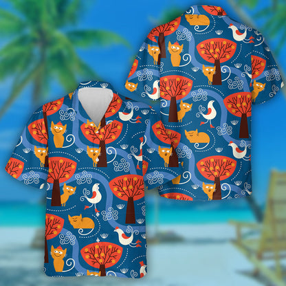 Cute Cats And Birds On Orange Forest Hawaiian Shirt, Hawaiian Shirt Gift, Christmas Gift