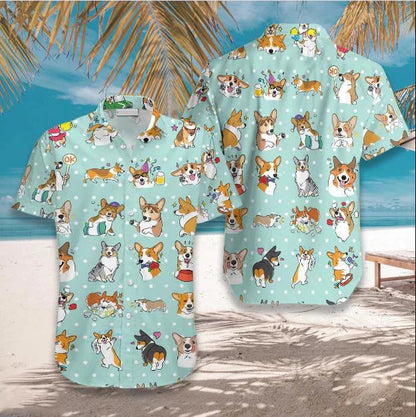 Cartoon Cute Moments Of Welsh Corgi Spotted Pattern Hawaiian Shirt, Hawaiian Shirt Gift, Christmas Gift