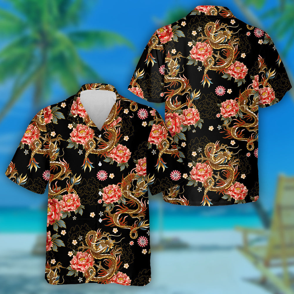 Chinese Traditional Dragon Peonies And Sakura Hawaiian Shirt, Hawaiian For Gift